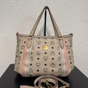 MCM Beige and Pastel Stripe Tote Or Crossbody Bag